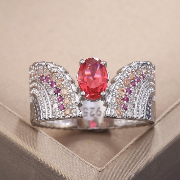 🎁 Ethnic Oval Red Ruby Zircon Wings Vintage Silver Ring for Women, PD596 - Picture 6 of 7